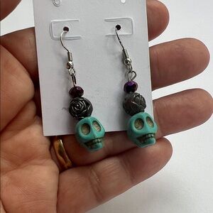Turquoise Skull Drop Earrings with Purple Accent - Women Jewelry